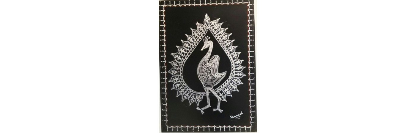 silver peackock Warli art (Canvas) with frame ( 12"X18")